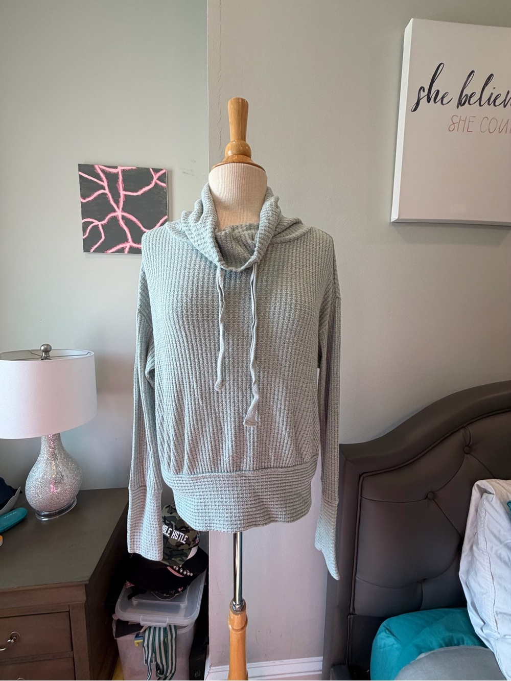 Waffle-Knit Cowl Neck Pullover Sweater - Sage